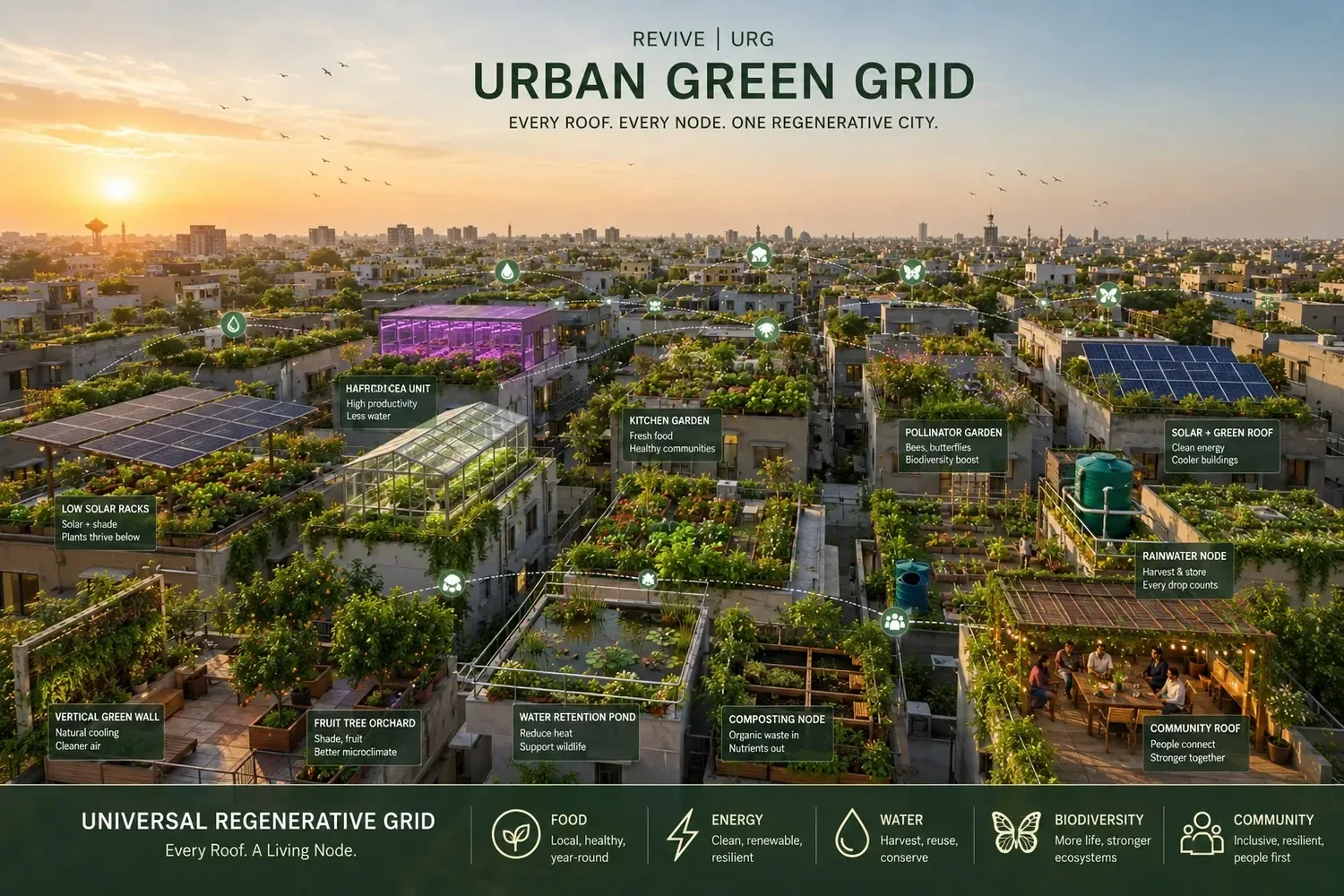 Urban Green Grid concept future showing a network of rooftop food, solar, water, biodiversity and community nodes